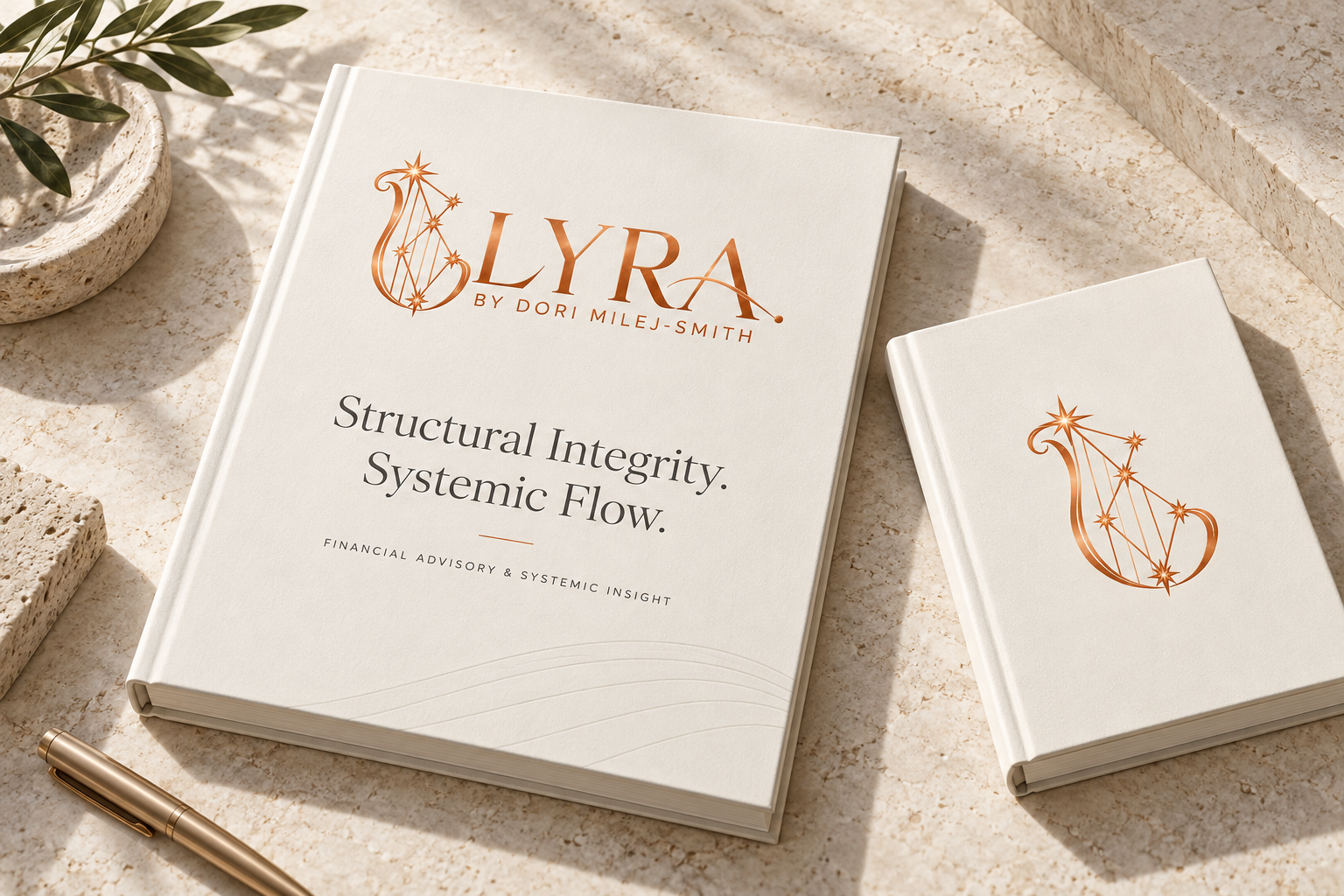 Ivory LYRA report and notebook covers with bronze branding and refined typography.